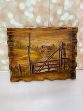 Vintage Painting “Farm Landscape” by Mozell (?) on wood 14” x 11”